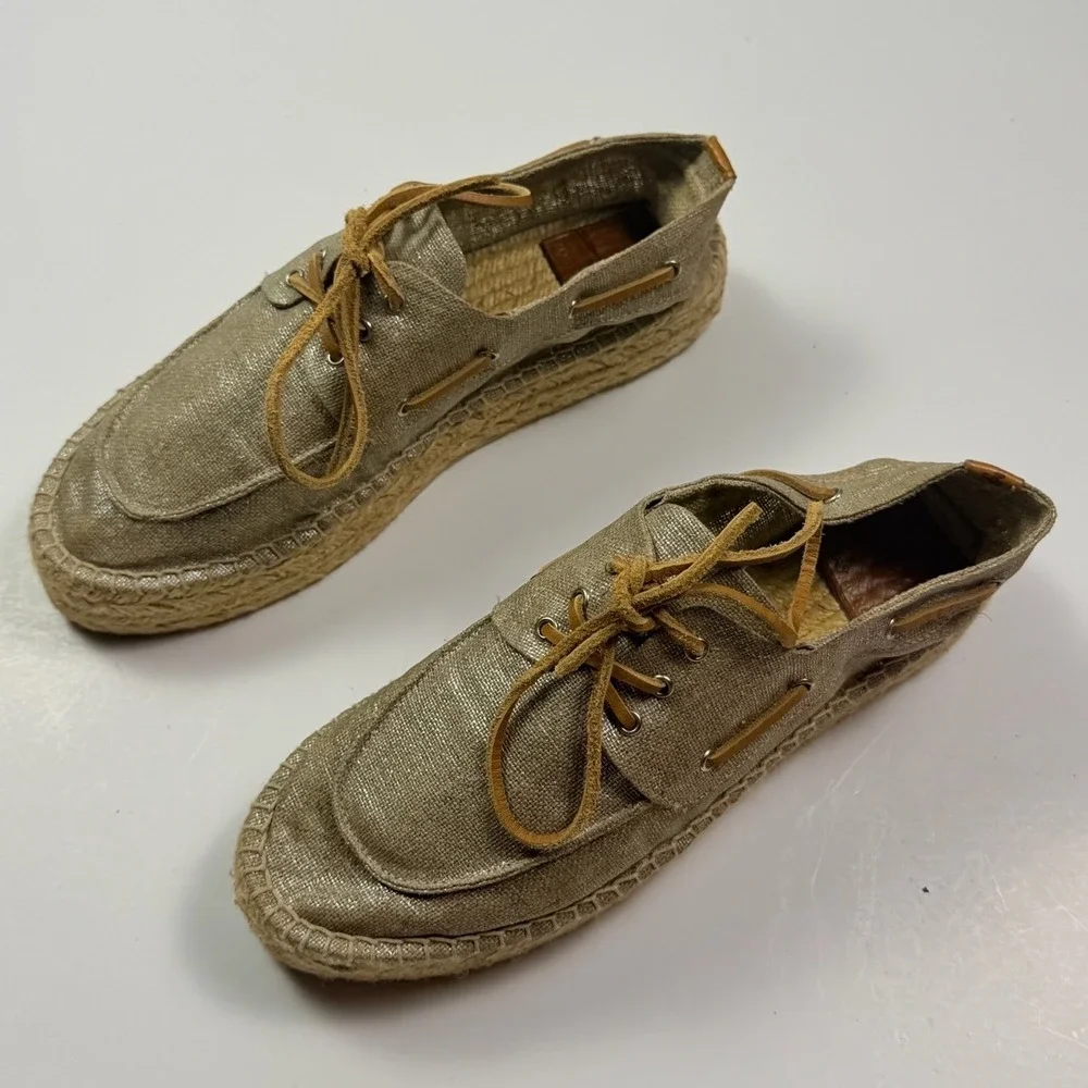 Tory Burch Metallic Gold Canvas Espadrille Boat Shoes Size 10 Made in Spain